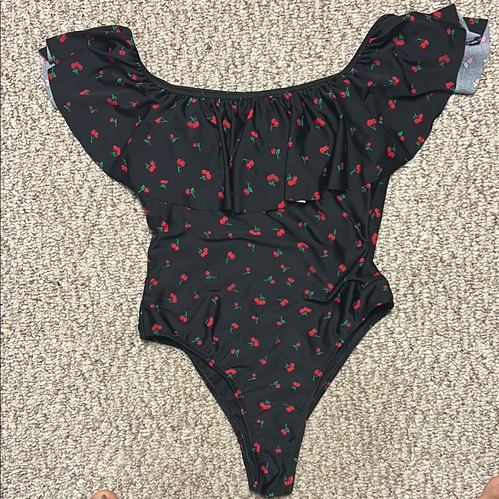 Chic Black and Red Floral One-Piece Swimsuit